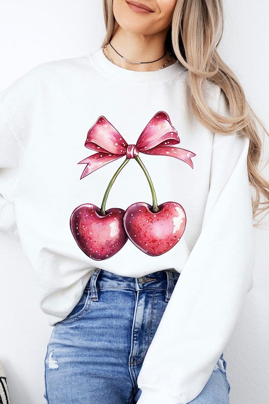 Heart Cherries With Bow Graphic Fleece Sweatshirt