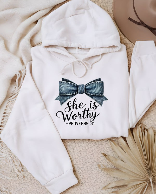 Blue Bow She is Worthy Proverbs 31 Graphic Hoodie