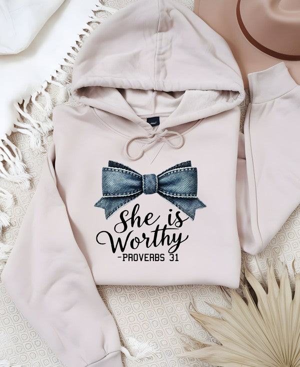 Blue Bow She is Worthy Proverbs 31 Graphic Hoodie