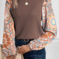 Floral Sleeve Patchwork Waffle Knit O Neck Blouse