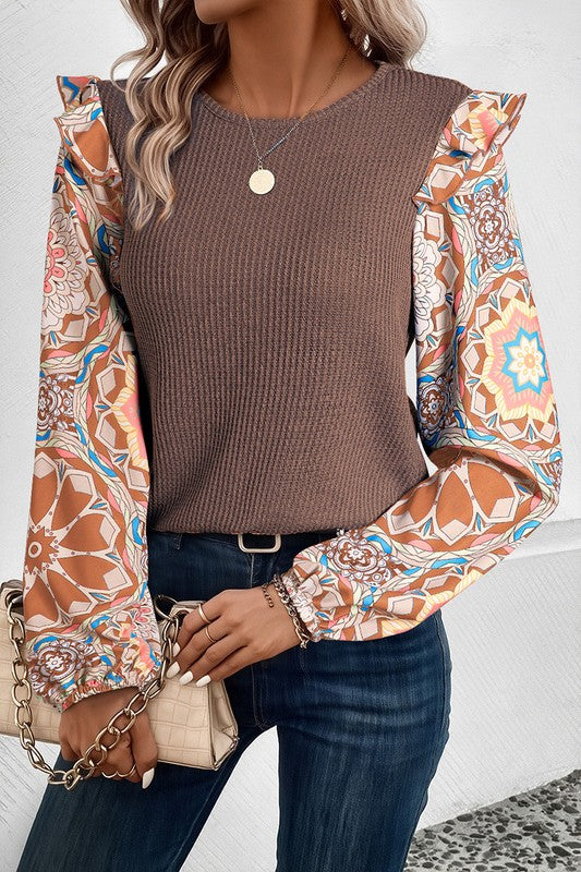 Floral Sleeve Patchwork Waffle Knit O Neck Blouse