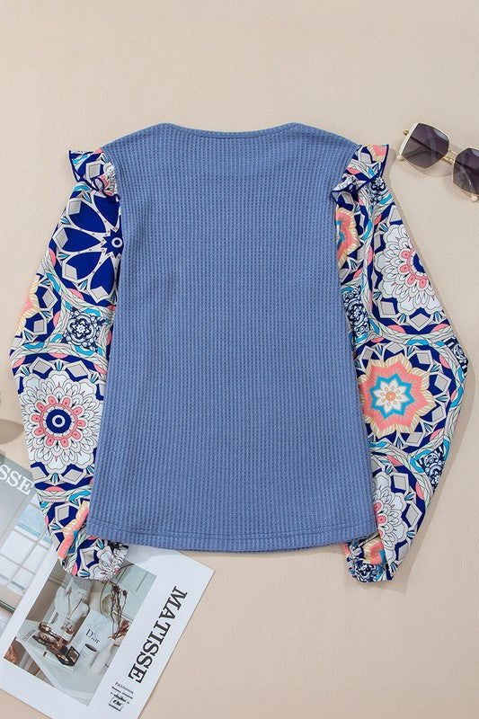 Floral Sleeve Patchwork Waffle Knit O Neck Blouse