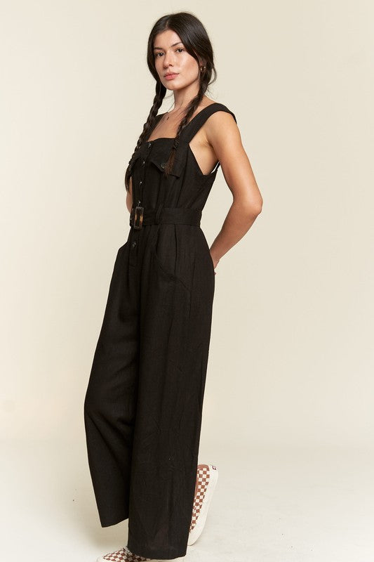 SLEEVELESS SQUARE NECK BUTTON DOWN ANKLE JUMPSUIT