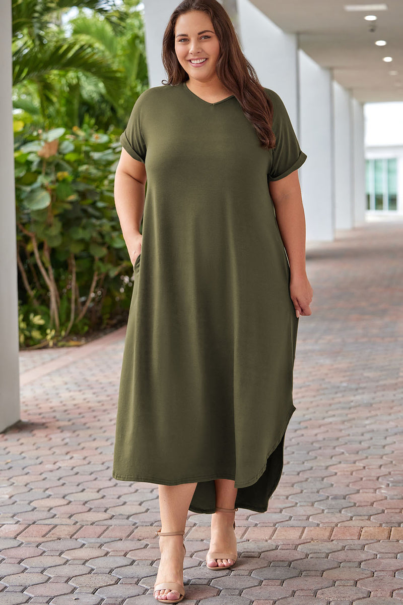 Green Plus Size V Neck Rolled Cuffs Maxi Dress