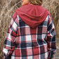 Red Printed Plus Size Plaid Button up Hooded Jacket