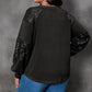 Black Plus Size Sequin Patchwork Crew Neck Long Sleeve Top