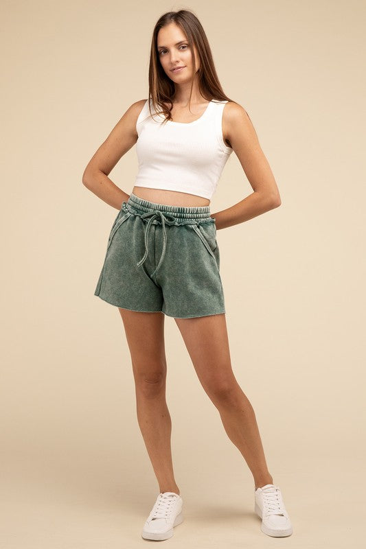 Acid Wash Fleece Drawstring Shorts with Pockets