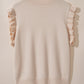 Oatmeal Plus Cable Knit Short Ruffled Sleeve Mock Neck Sweater