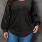 Black Plus Size Sequin Patchwork Crew Neck Long Sleeve Top