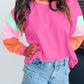 Rose Red Colorblock Patchwork Long Sleeve Loose Top