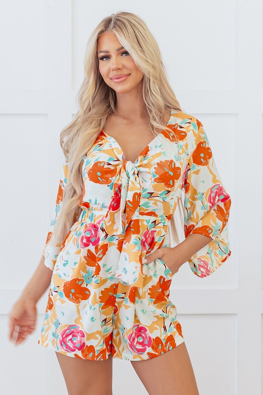 Orange Blooming Floral Print Front Tie Romper