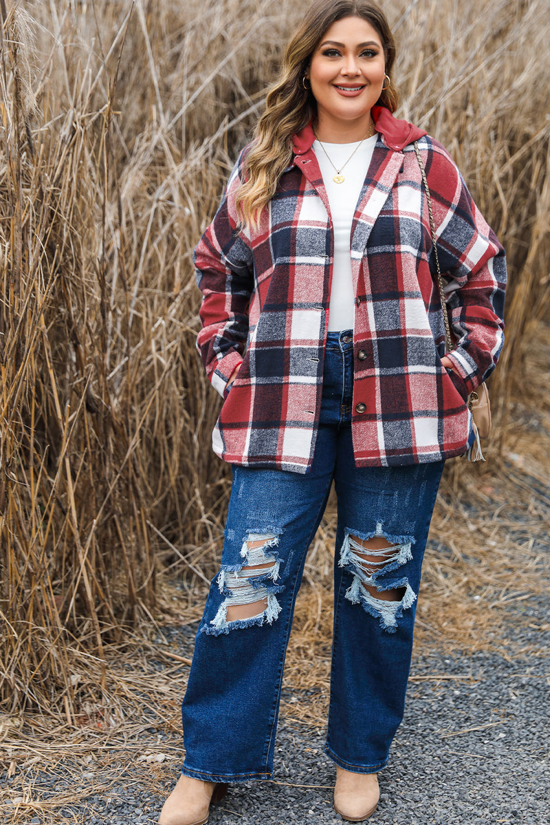 Red Printed Plus Size Plaid Button up Hooded Jacket