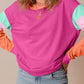 Rose Red Colorblock Patchwork Long Sleeve Loose Top