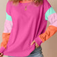 Rose Red Colorblock Patchwork Long Sleeve Loose Top