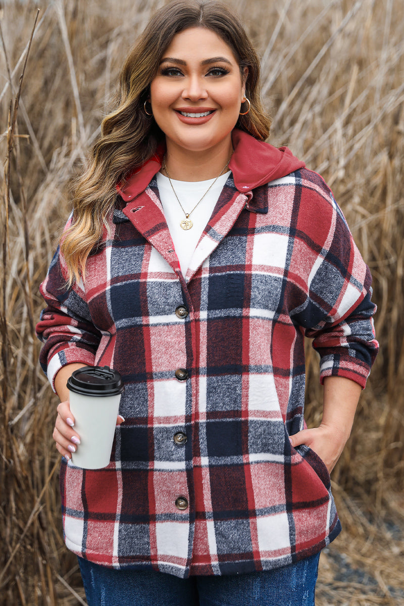 Red Printed Plus Size Plaid Button up Hooded Jacket